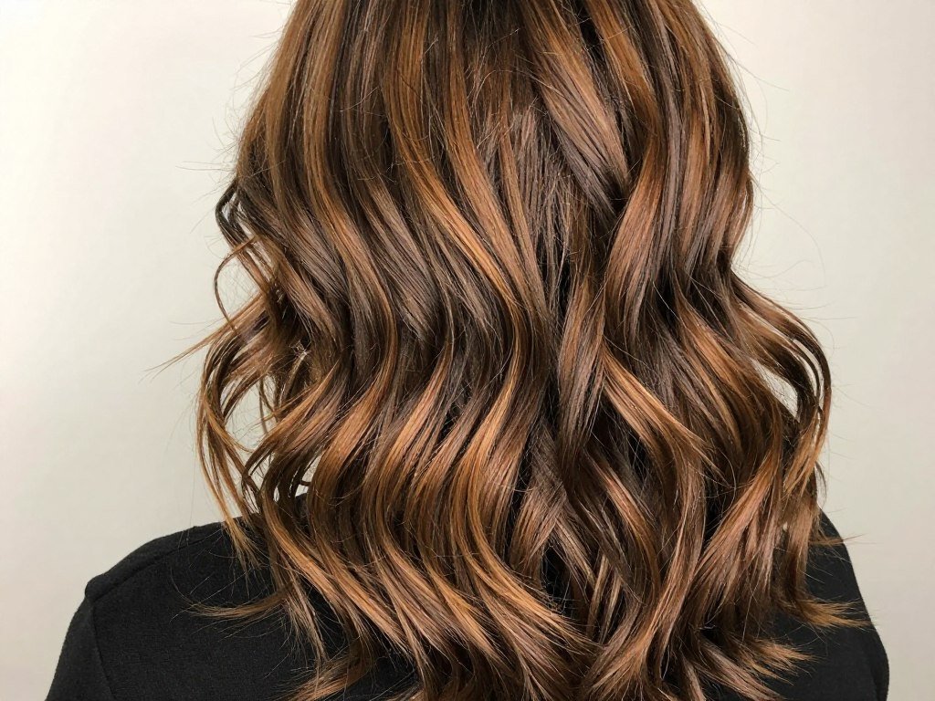 Brown hair with caramel highlights styled in beach waves Brown hair with caramel highlights styled in beach waves