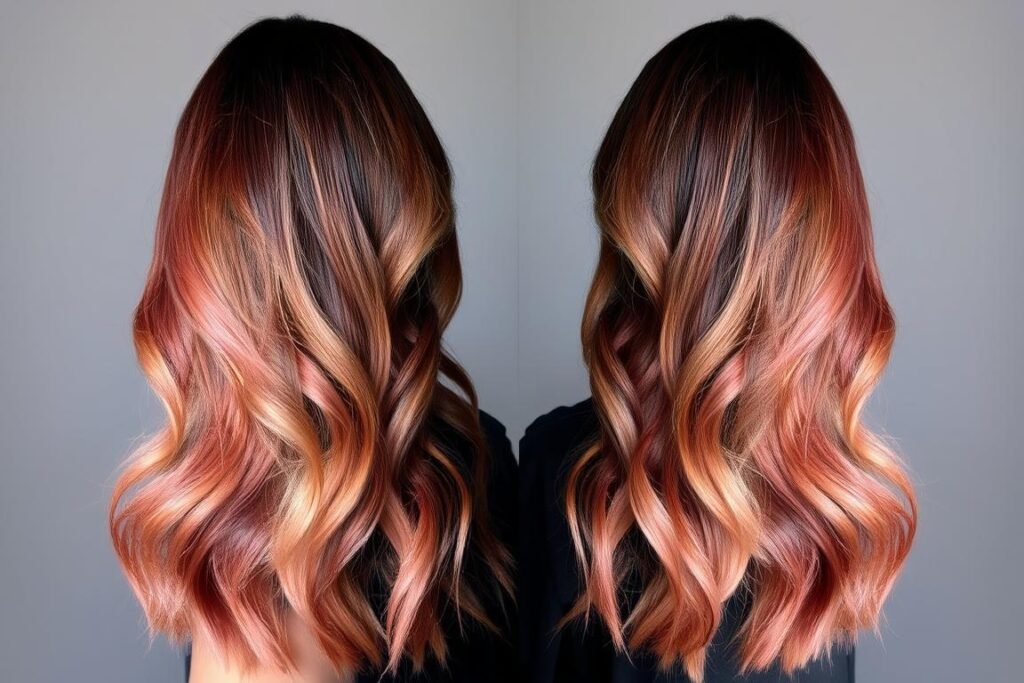 Brown hair with rose gold ombré showing the gradual transition from dark to pink-gold ends