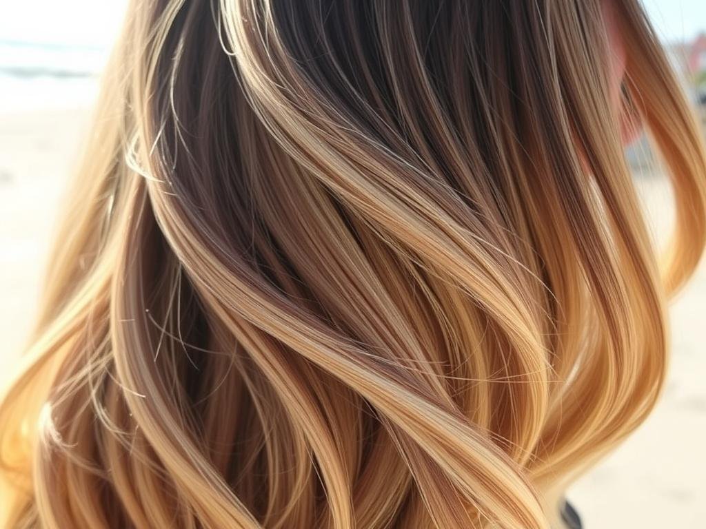 Brunette hair transitioning to bronde (brown-blonde) in a seamless ombre effect