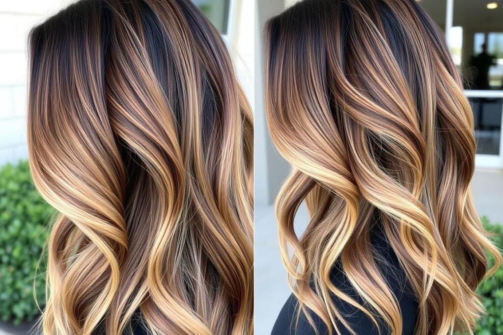Brunette hair with caramel balayage highlights showing natural sun-kissed effect