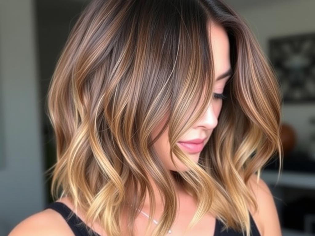 Brunette with ash brown balayage showing cool-toned highlights