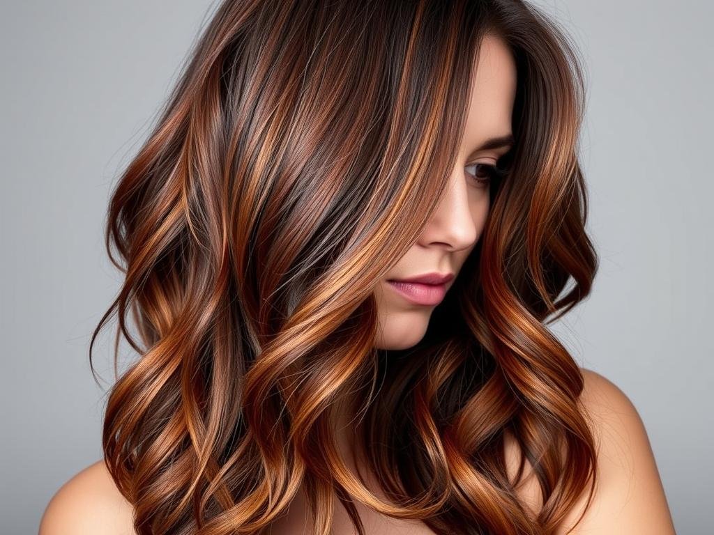 Brunette with auburn balayage highlights throughout hair