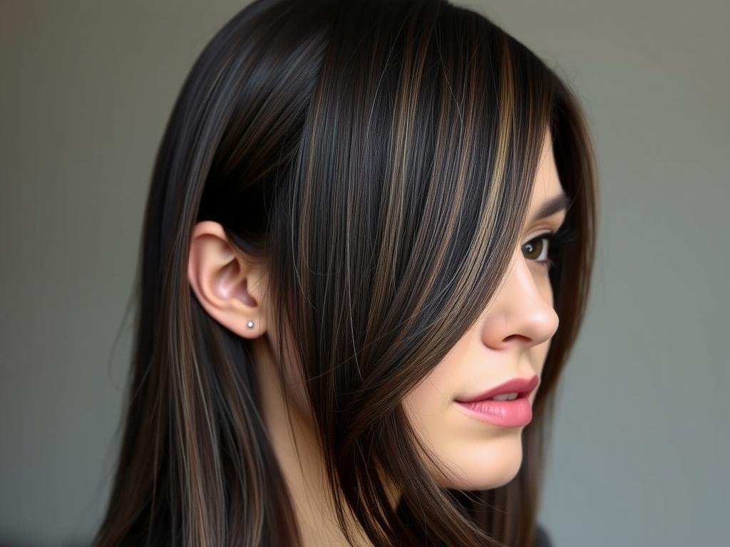 Brunette with bold caramel money piece highlight at the front hairline