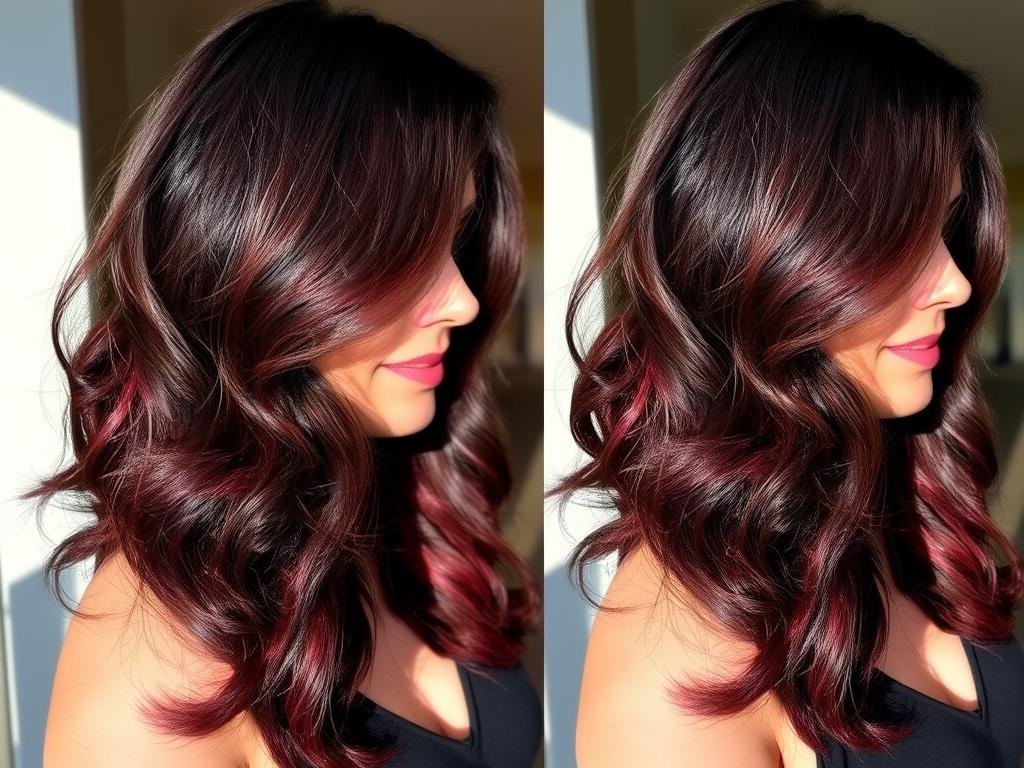 Brunette with burgundy highlights showing the subtle purple-red dimension