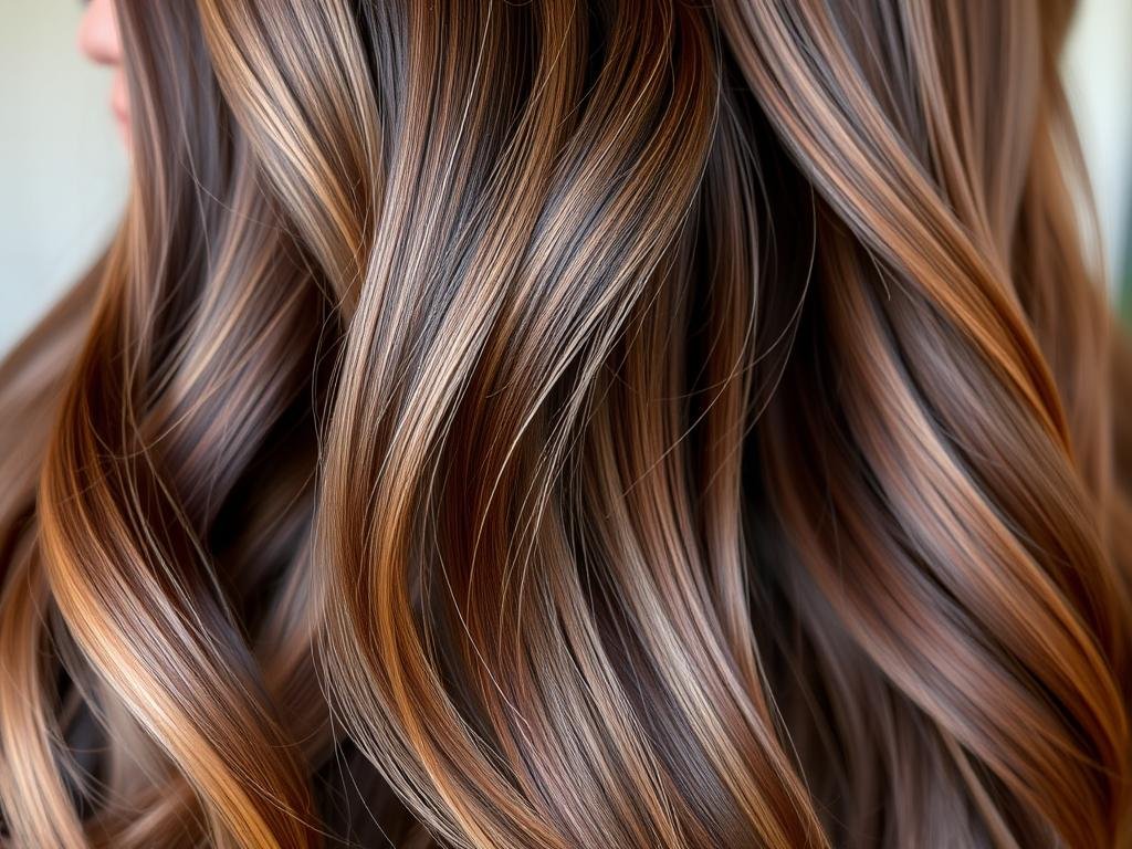 Brunette with chocolate brown roots fading into rich caramel ends, creating a warm ombre hair color effect