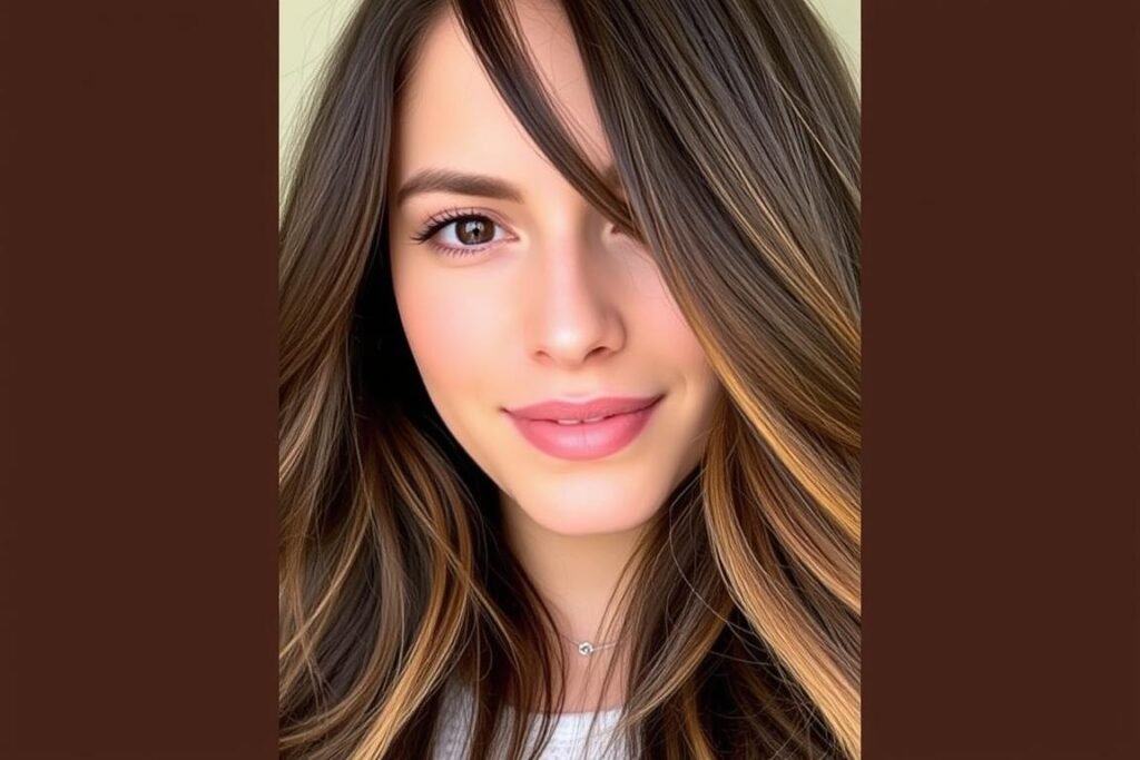 Brunette with cinnamon-colored money piece highlights framing the face