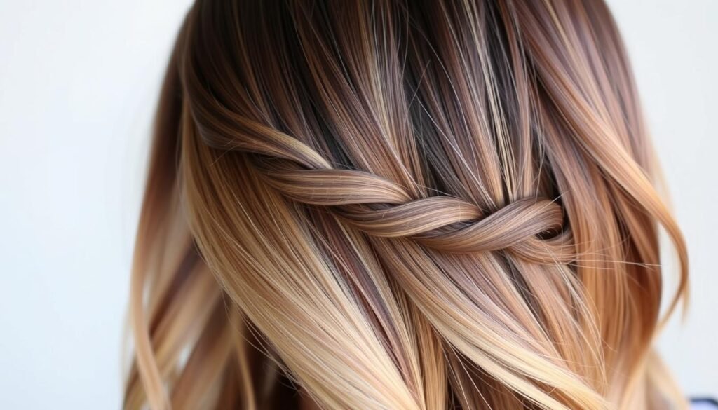 Brunette with ombre hair styled in a loose braid showing color dimension