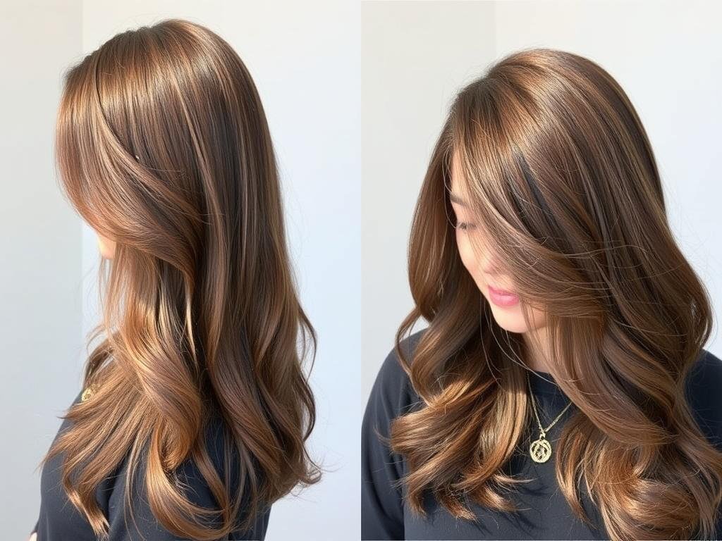 Brunette with peek-a-boo highlights that are revealed when hair moves