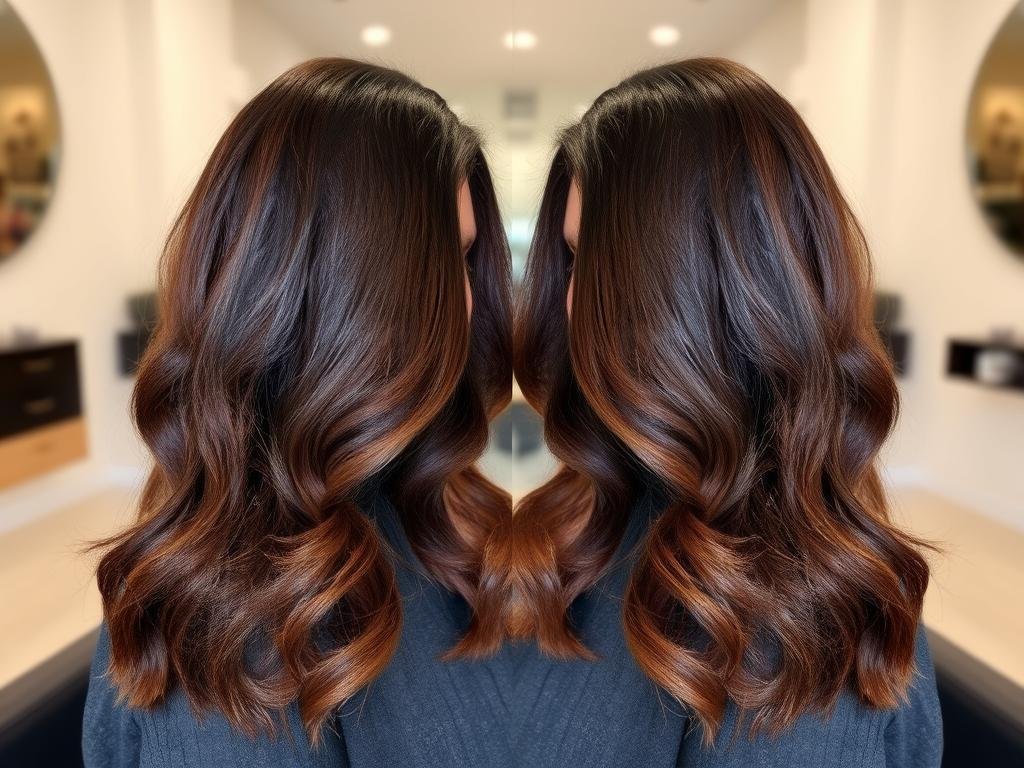Brunette with reverse balayage showing darker pieces added to lighter hair