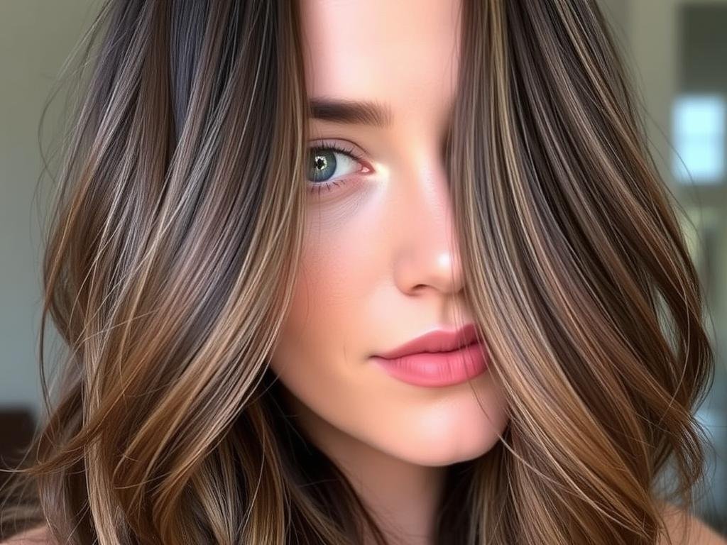 Brunette with subtle face-framing highlights that softly brighten the face