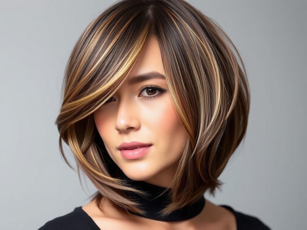 Brunette with thick ribbon highlights in honey tones