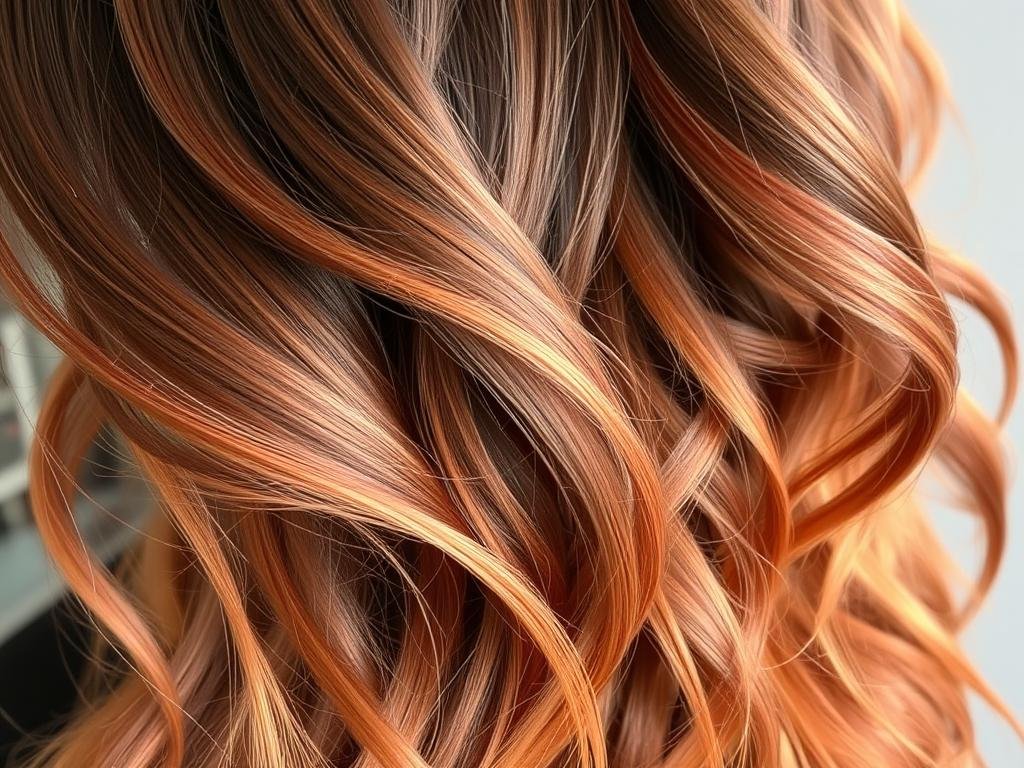 Brunette with warm copper ombre ends creating a fiery effect on dark hair