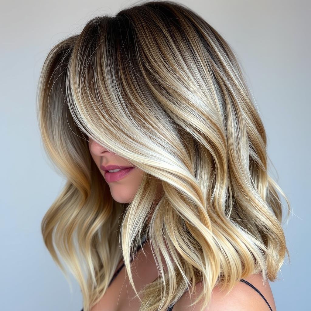 Calico hair styled in loose waves to showcase the color dimension Calico hair styled in loose waves to showcase the color dimension