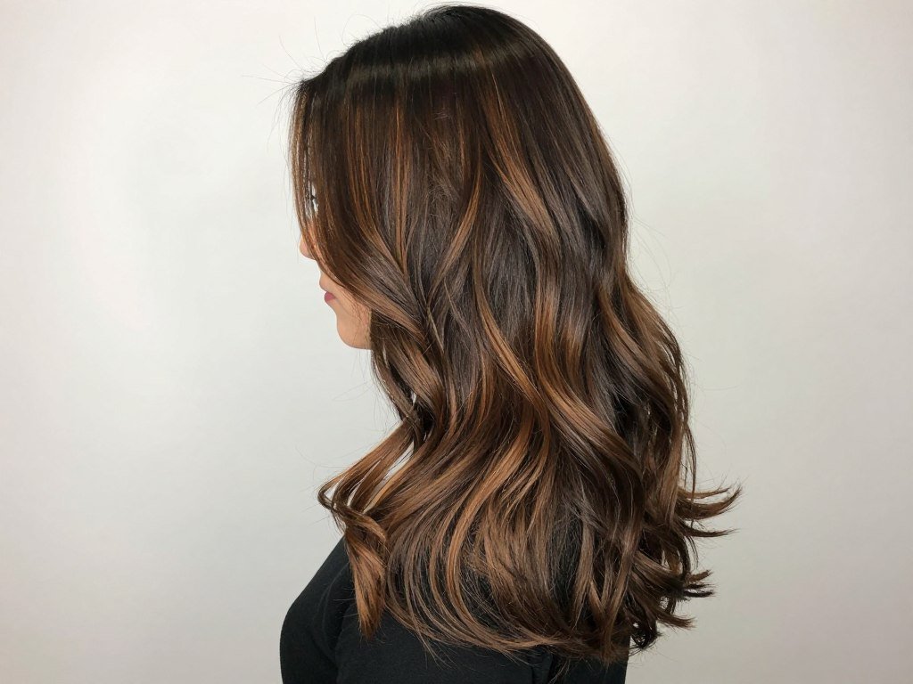 Caramel balayage on dark brown hair showing natural gradient effect Caramel balayage on dark brown hair showing natural gradient effect