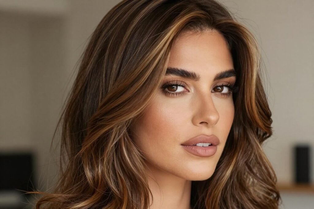 Caramel face-framing highlights on brown hair Caramel face-framing highlights on brown hair