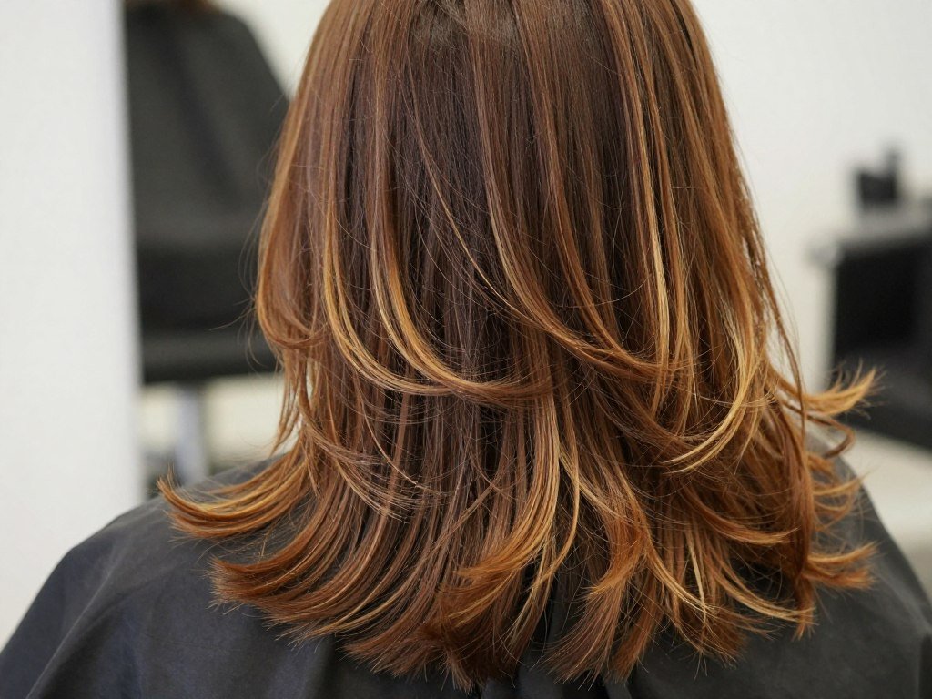 Caramel peek-a-boo highlights under the top layer of brown hair Caramel peek-a-boo highlights under the top layer of brown hair