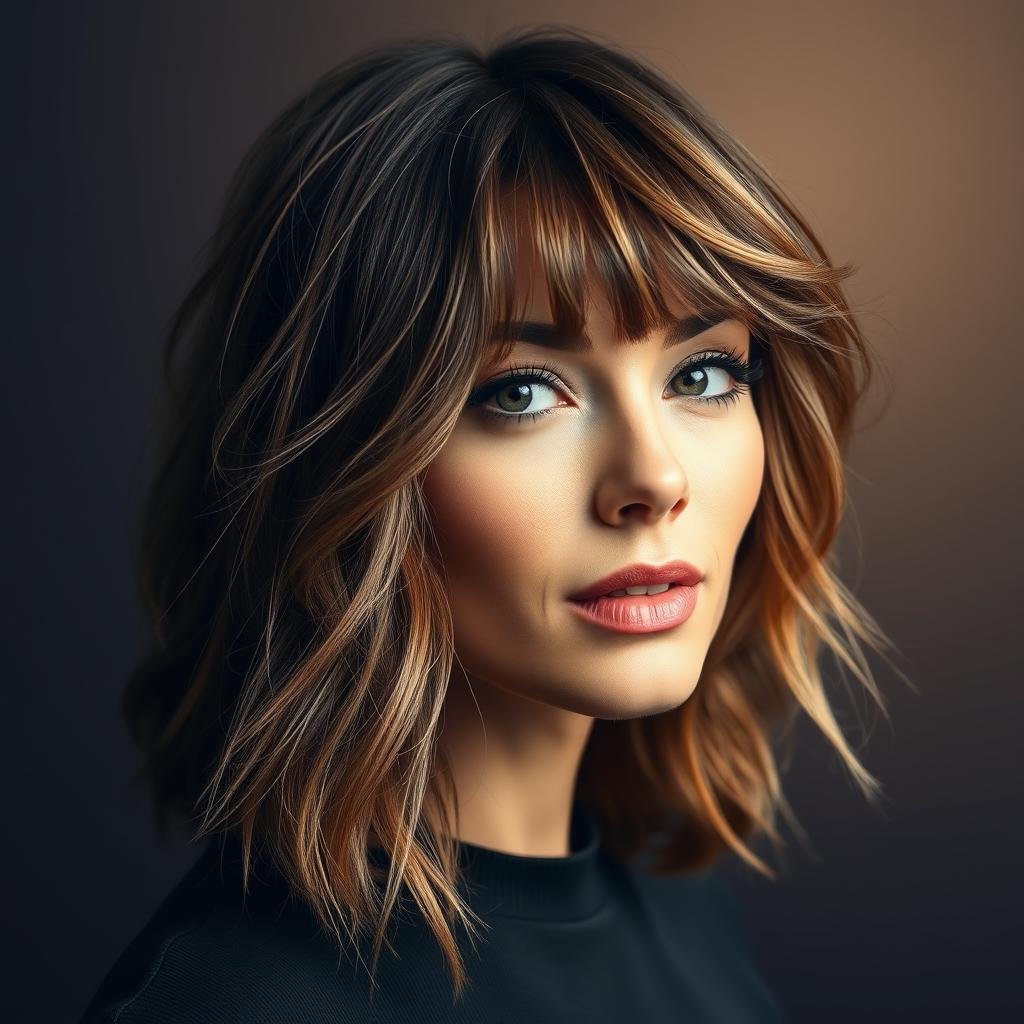 Celebrity with side-swept bangs and textured medium waves