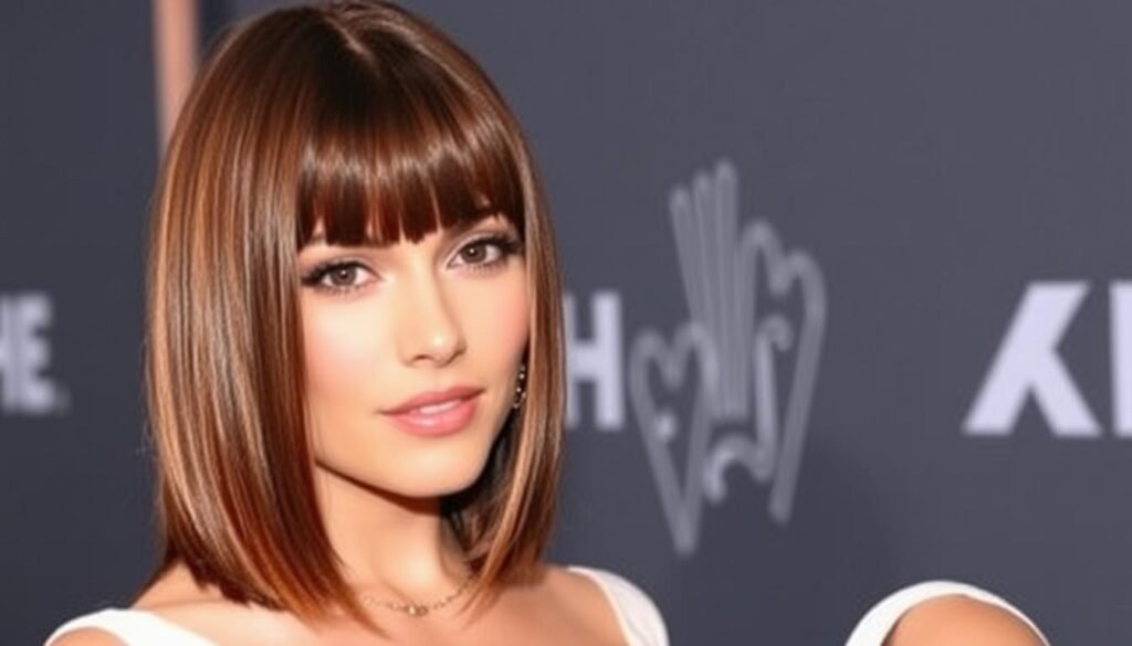 Celebrity with sleek, straight medium length hair and curtain bangs Celebrity with sleek, straight medium length hair and curtain bangs
