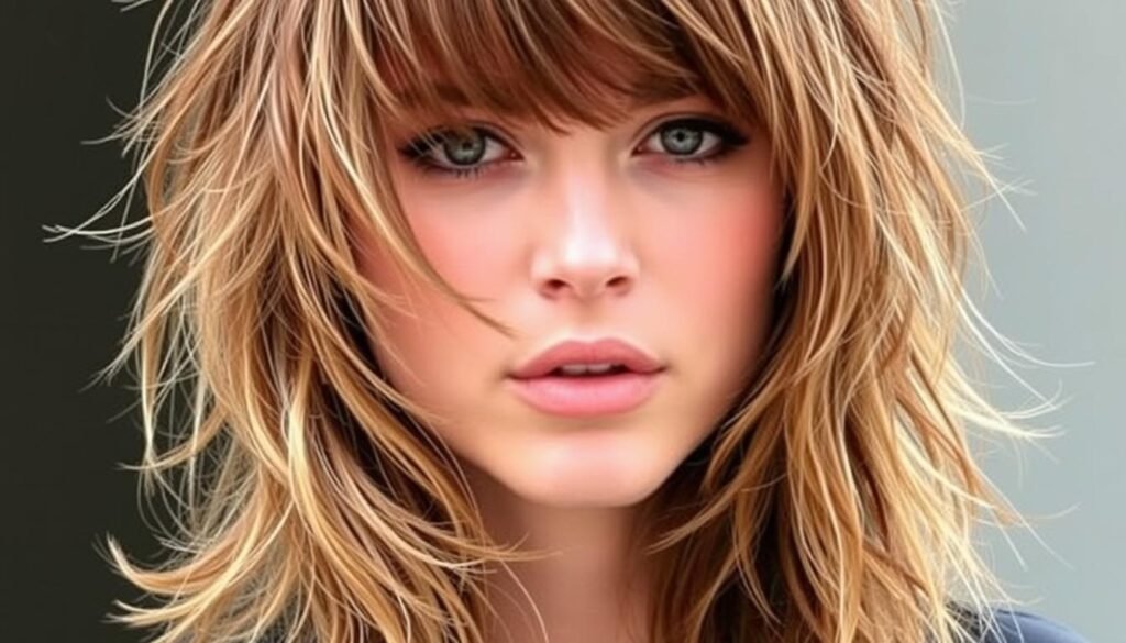 Celebrity with tousled, textured medium length hair and curtain bangs Celebrity with tousled, textured medium length hair and curtain bangs