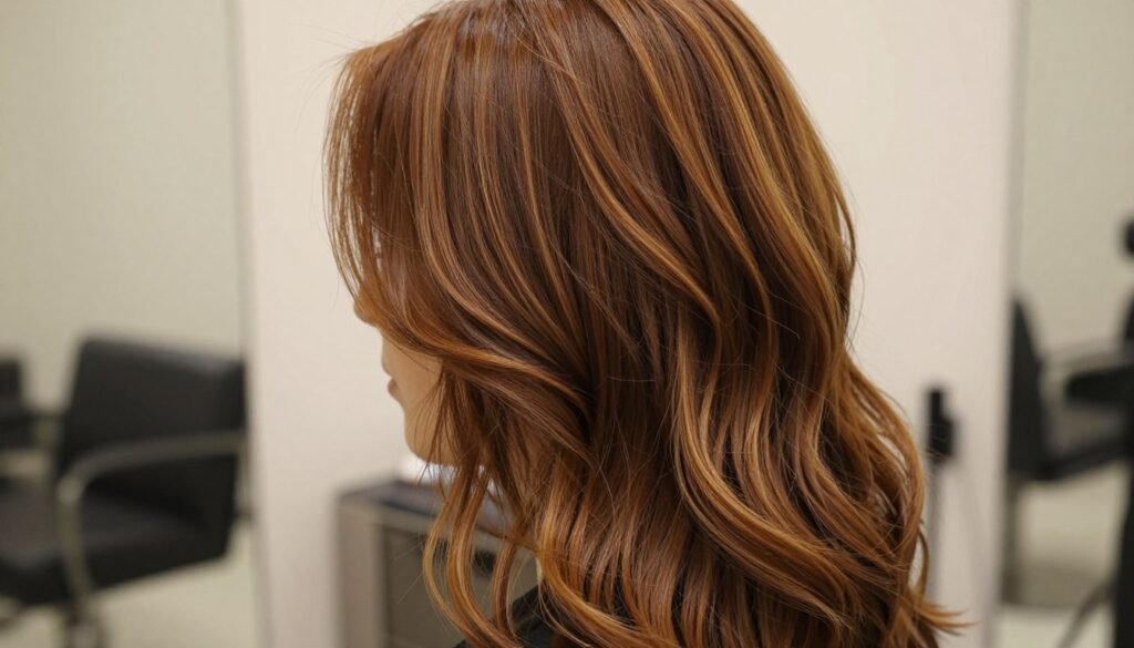 Chestnut brown hair with caramel highlights showing dimension and movement Chestnut brown hair with caramel highlights showing dimension and movement