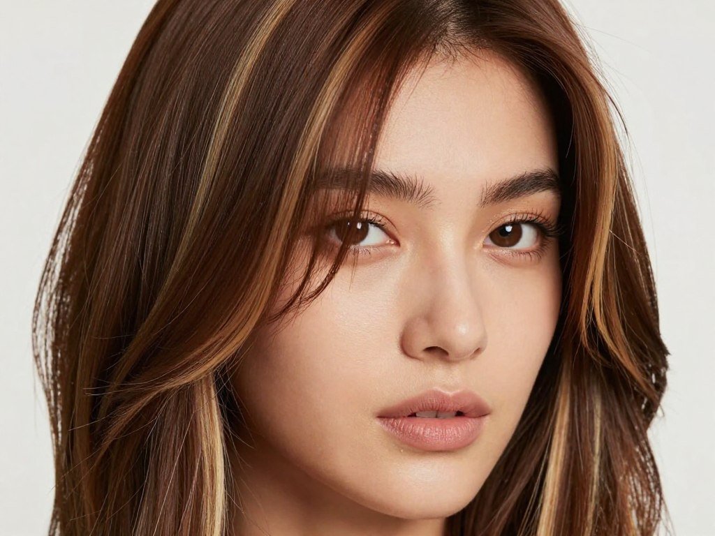 Chestnut brown hair with face-framing money piece highlights Chestnut brown hair with face-framing money piece highlights