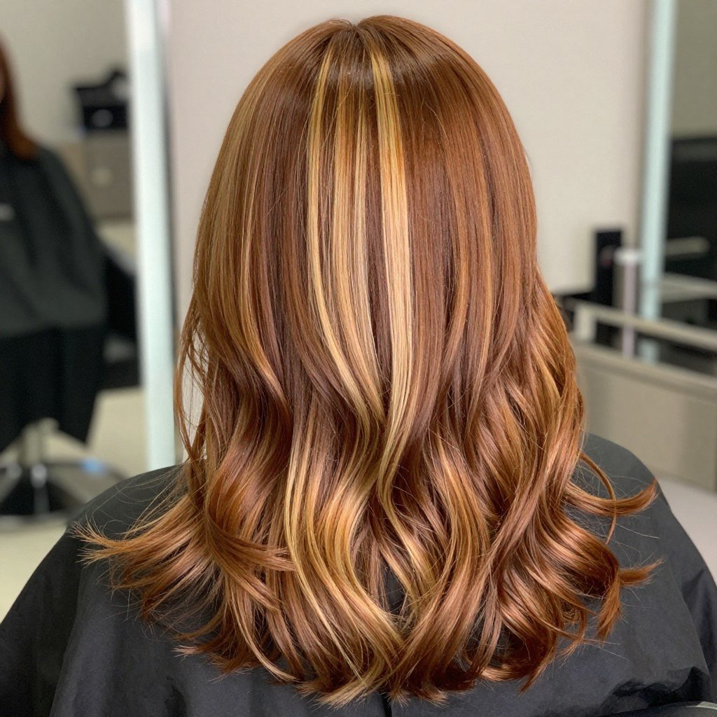 Chestnut brown hair with golden blonde money piece Chestnut brown hair with golden blonde money piece