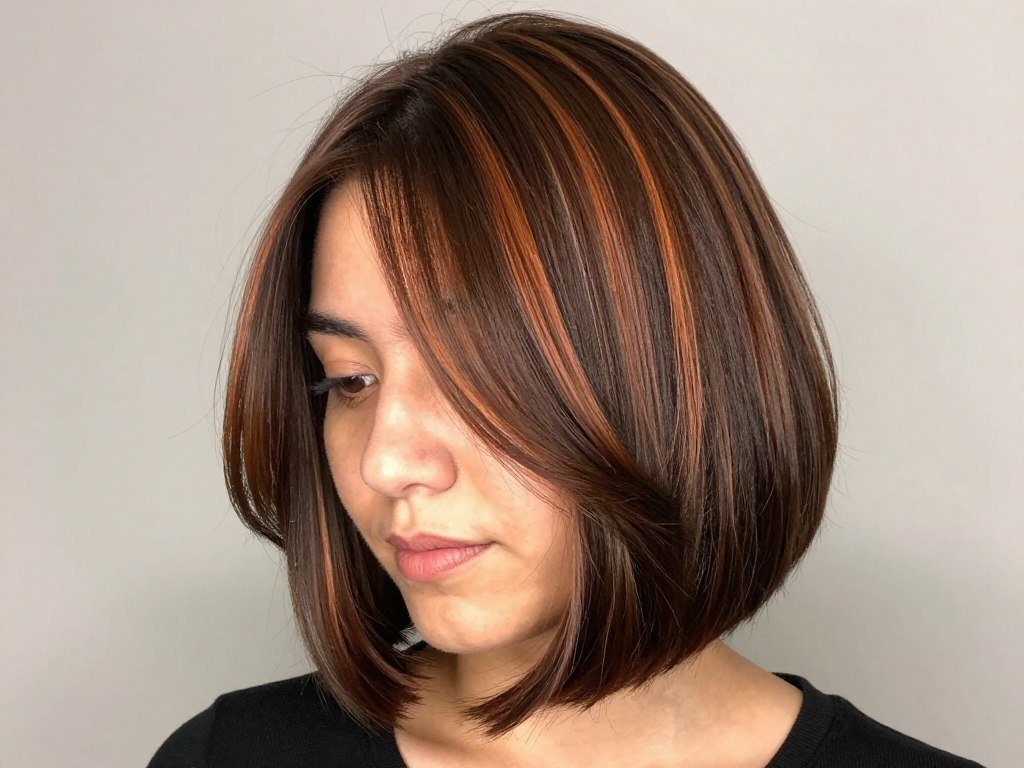 Chocolate brown bob with copper highlight accents Chocolate brown bob with copper highlight accents