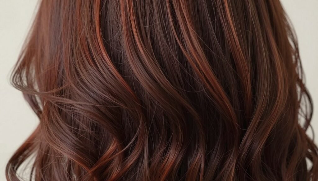Chocolate brown hair with auburn highlights adding warmth and reddish dimension Chocolate brown hair with auburn highlights adding warmth and reddish dimension