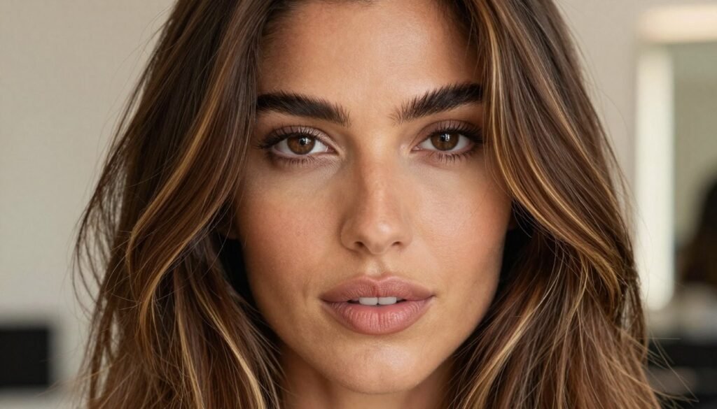 Chocolate brown hair with bright face-framing highlights that brighten the complexion Chocolate brown hair with bright face-framing highlights that brighten the complexion