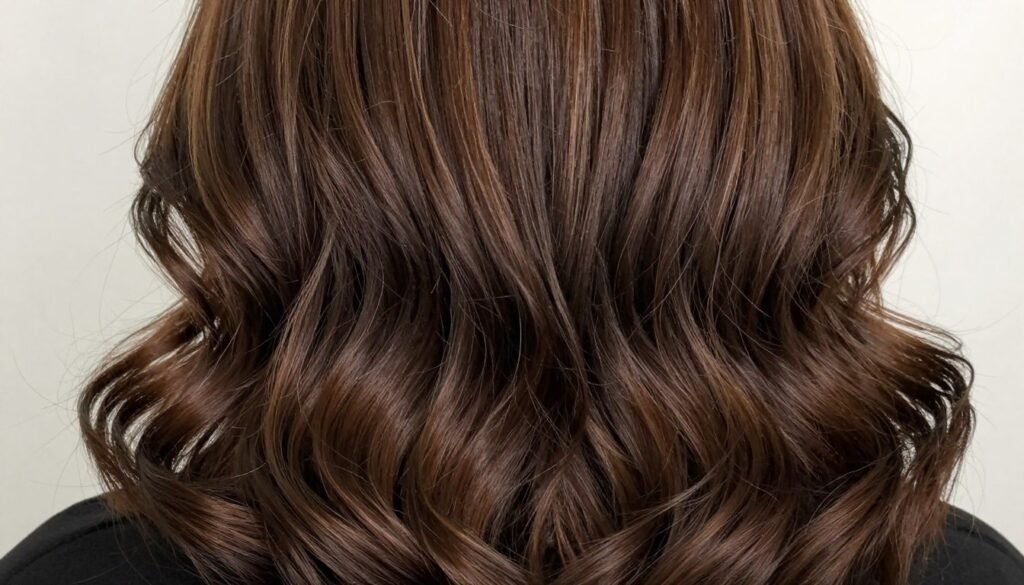 Chocolate brown hair with highlights styled in loose waves to enhance dimension Chocolate brown hair with highlights styled in loose waves to enhance dimension