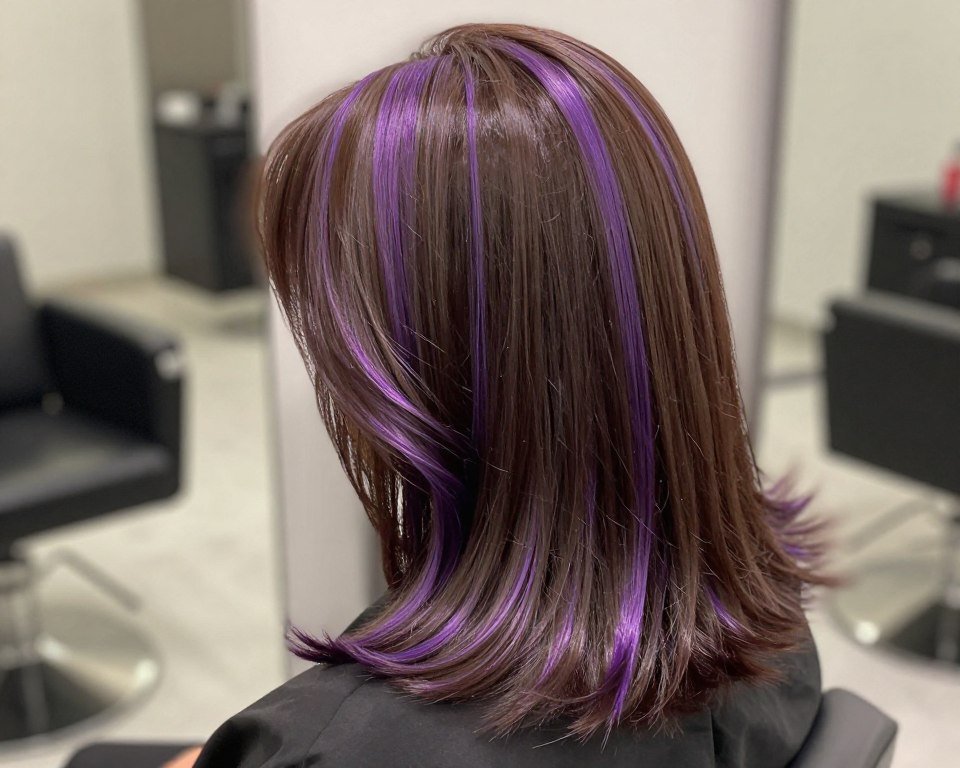Chocolate brown hair with metallic purple streaks throughout creating a multidimensional effect