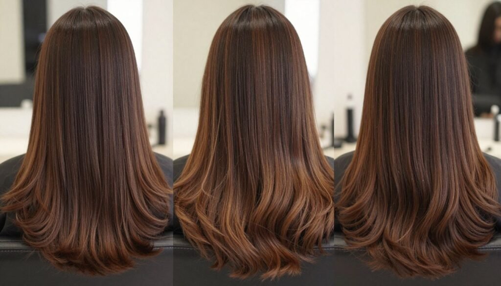 Chocolate brown hair with ombré effect transitioning to lighter ends Chocolate brown hair with ombré effect transitioning to lighter ends
