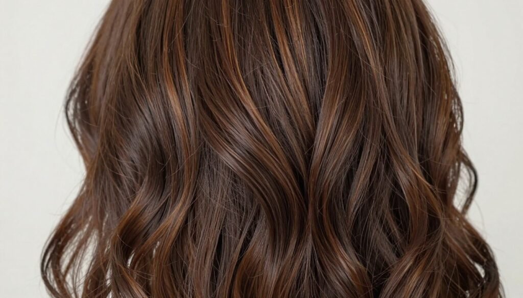 Chocolate brown hair with subtle, natural-looking caramel highlights Chocolate brown hair with subtle, natural-looking caramel highlights