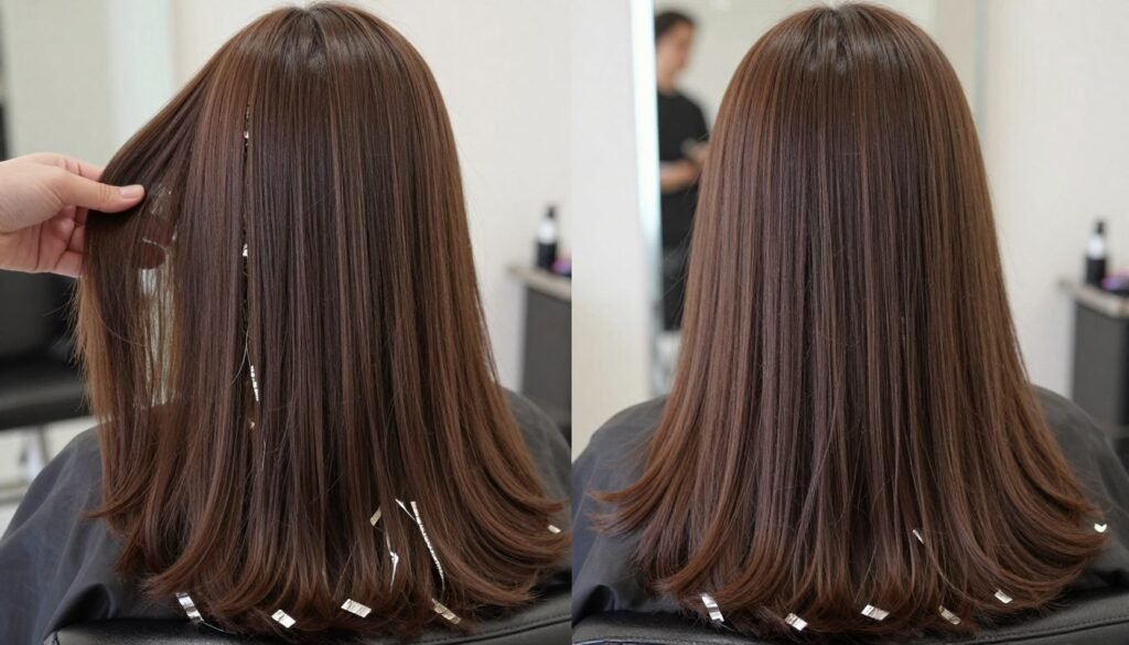Chocolate brown hair with traditional foil highlights showing precise, uniform lightening Chocolate brown hair with traditional foil highlights showing precise, uniform lightening
