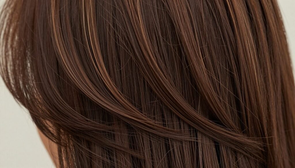 Chocolate brown hair with ultra-fine babylights creating a subtle, dimensional effect Chocolate brown hair with ultra-fine babylights creating a subtle, dimensional effect