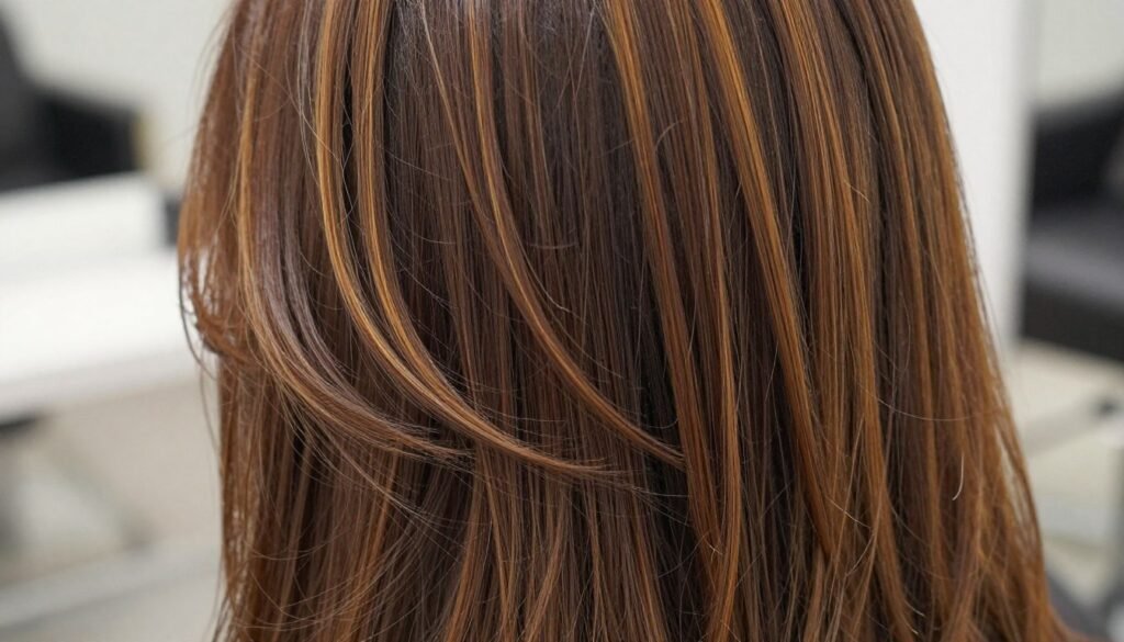 Chocolate brown hair with warm caramel highlights creating a sun-kissed effect Chocolate brown hair with warm caramel highlights creating a sun-kissed effect