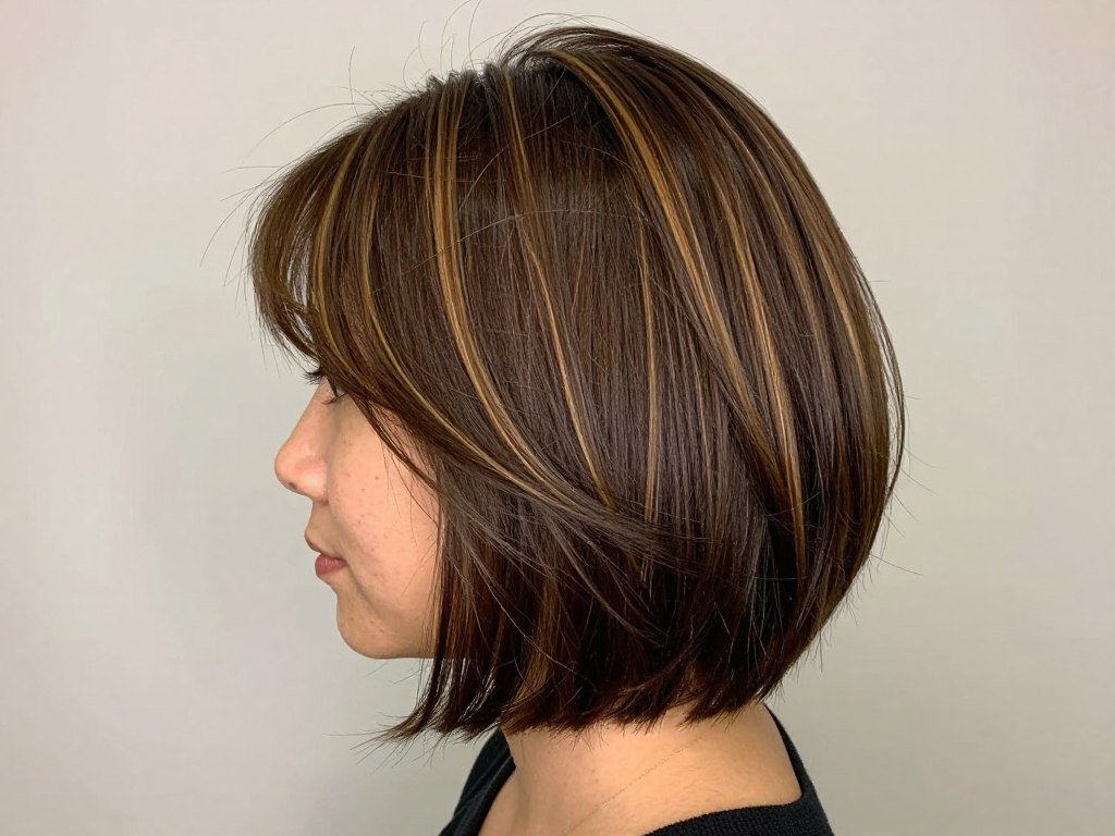 Chocolate brown short hair with caramel ribbon highlights Chocolate brown short hair with caramel ribbon highlights