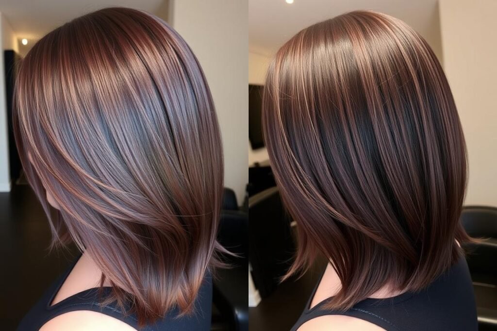 Chocolate mauve hair color on a brunette showing the subtle purple undertones