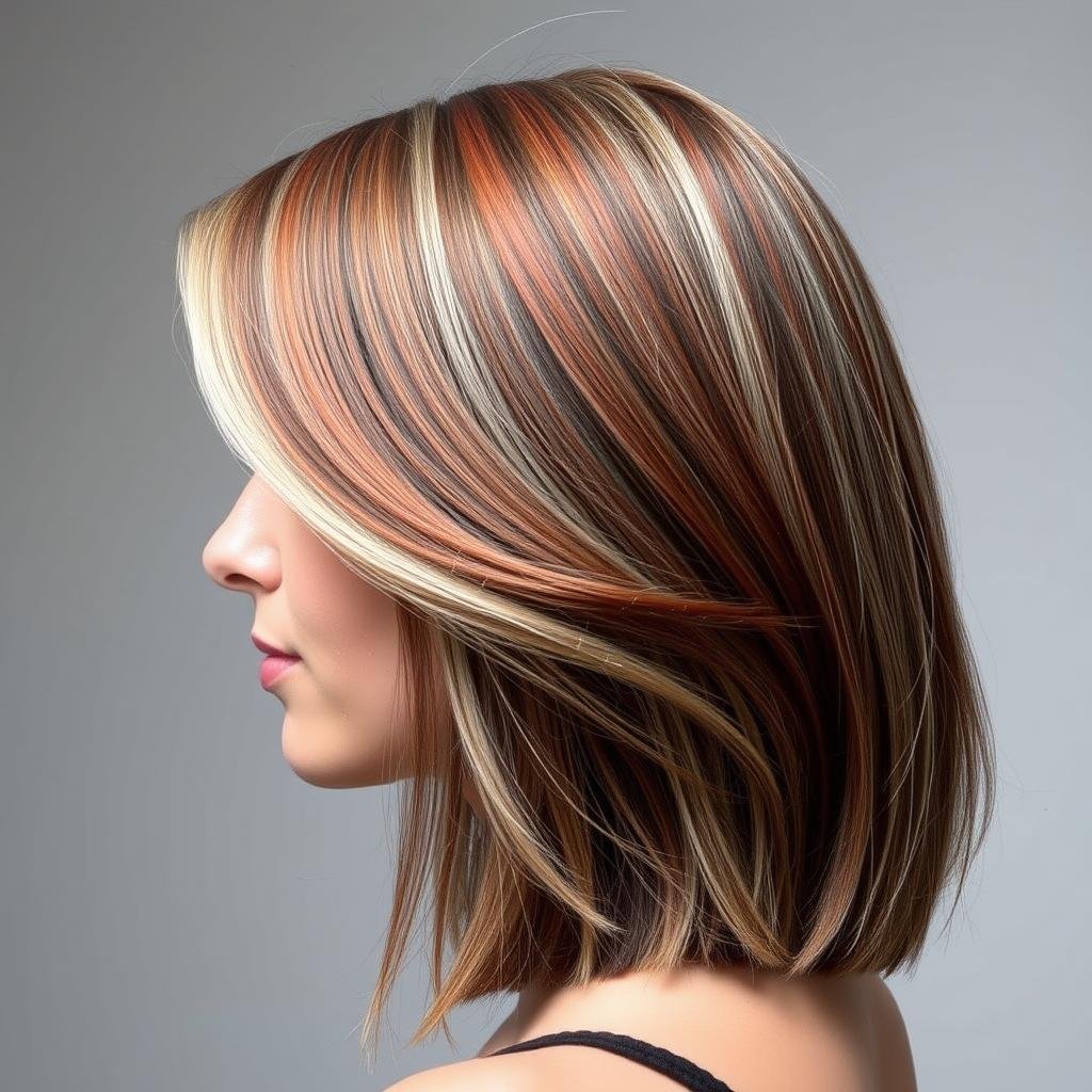 Classic calico hair color with medium brown, copper red, and platinum blonde Classic calico hair color with medium brown, copper red, and platinum blonde