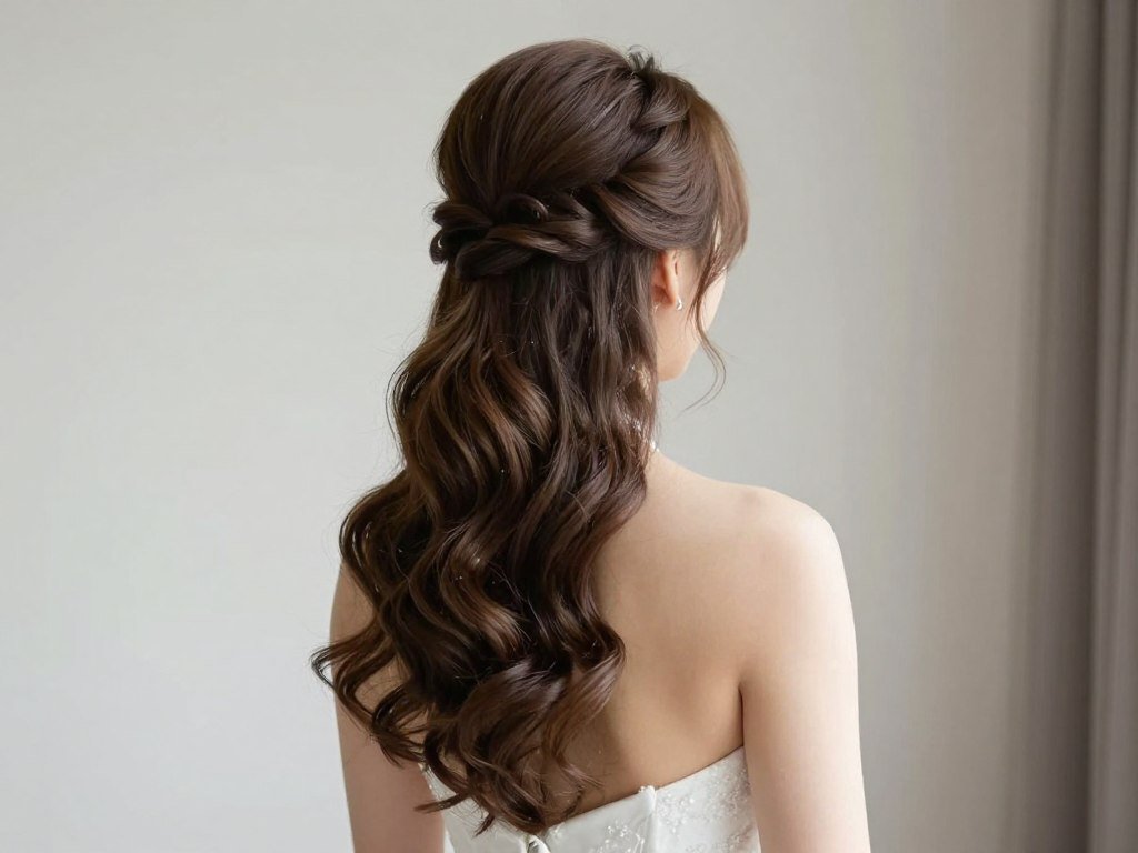 Classic half up half down wedding hairstyle with soft waves and volume at the crown