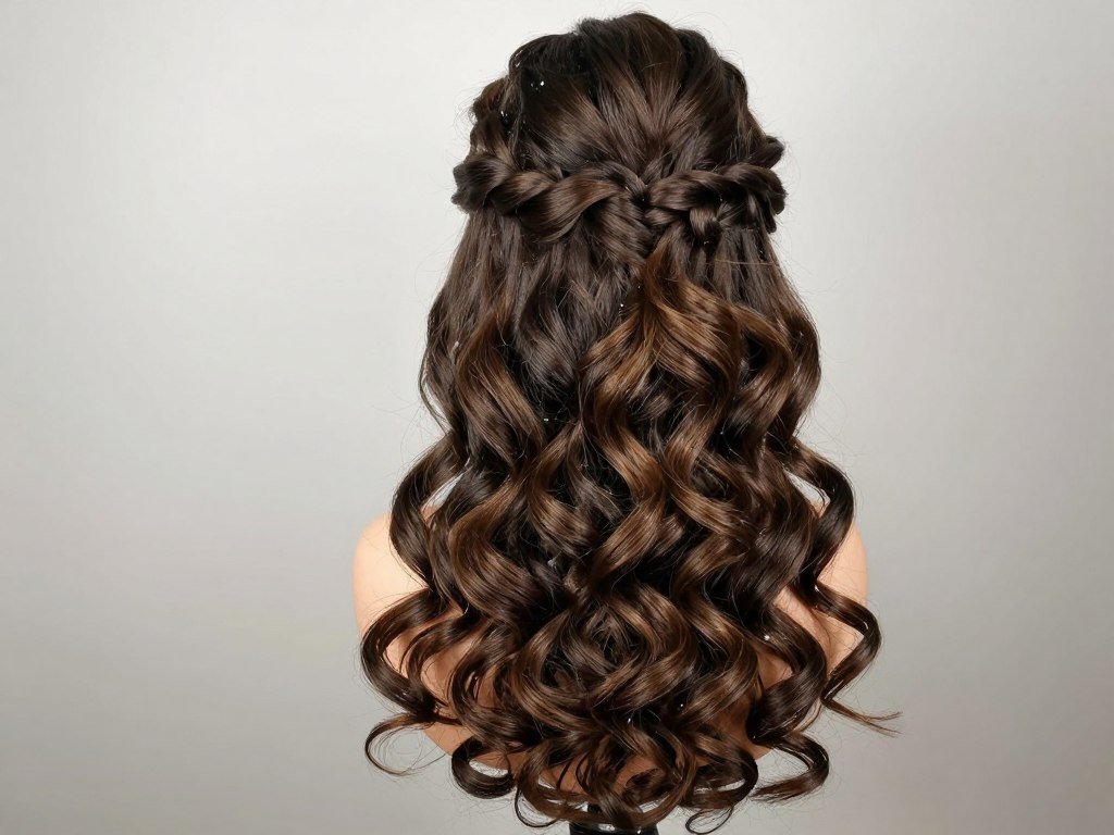 Classic twisted crown half up half down prom hairstyle with cascading curls