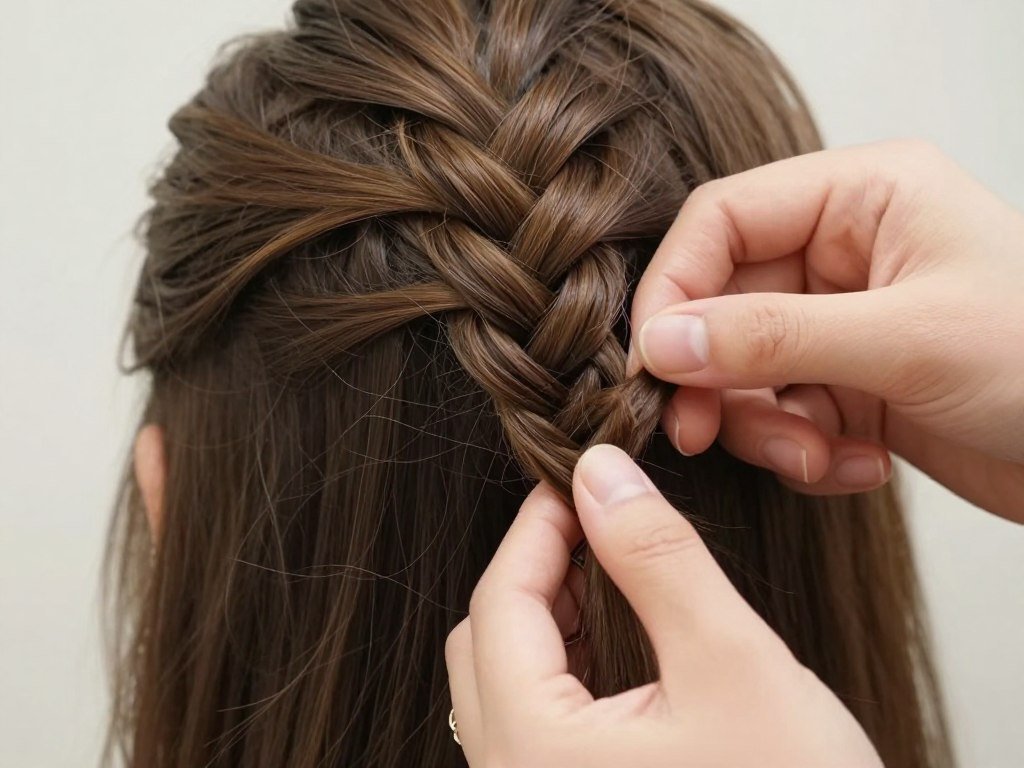 Close-up of Dutch braid technique for half up half down hairstyle
