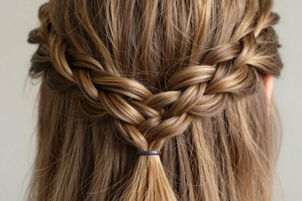 Close-up of Dutch braid technique in half up half down style