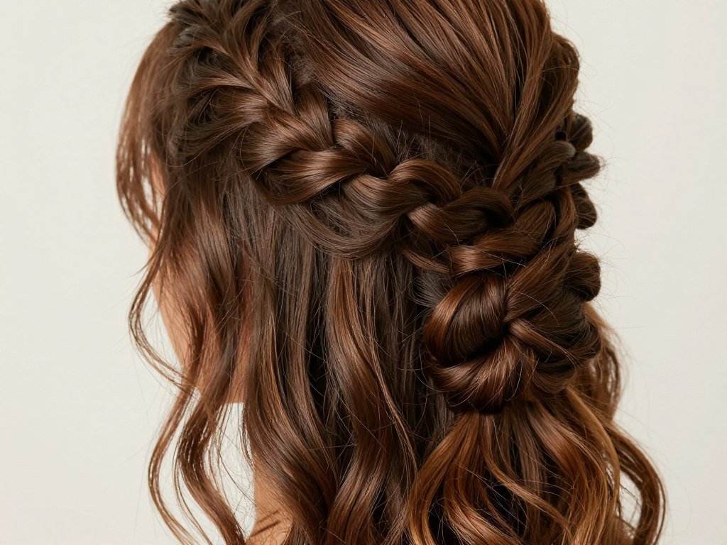 Close-up of a braided half up half down bun showing intricate braid detail leading into a neat bun with loose waves below Close-up of a braided half up half down bun showing intricate braid detail leading into a neat bun with loose waves below