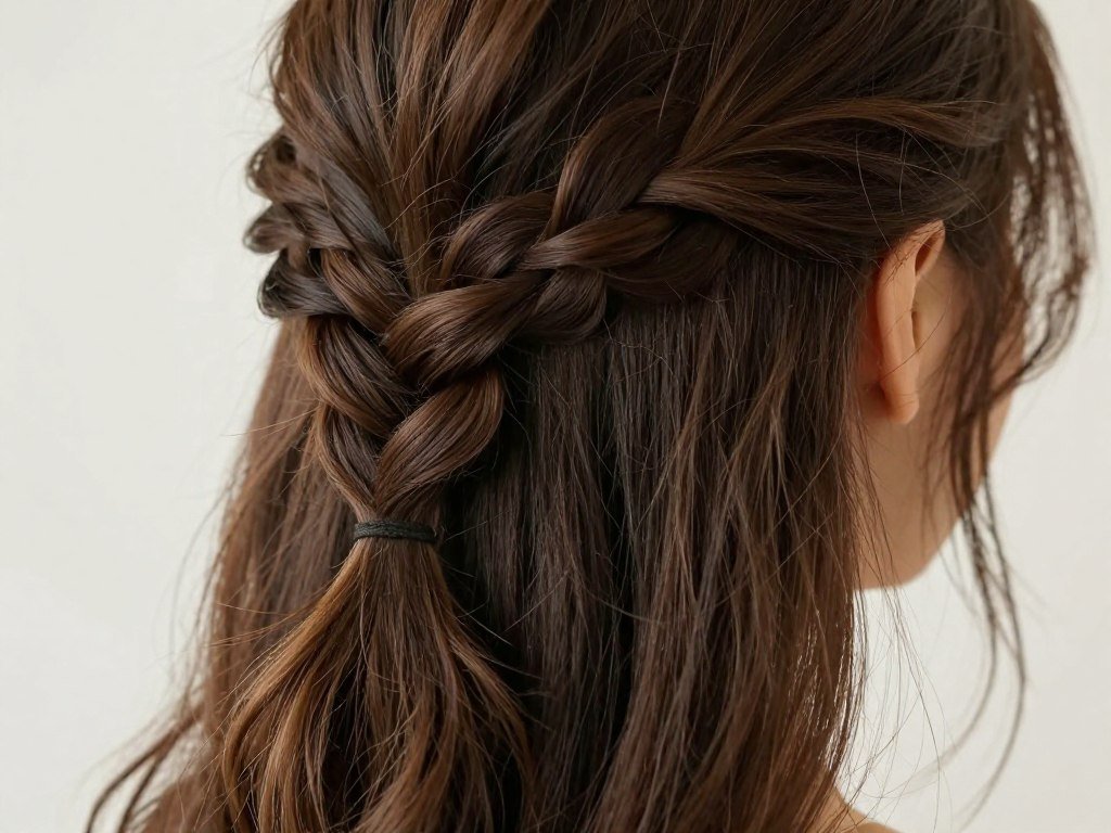 Close-up of a fishtail braid in a half up half down hairstyle showing the intricate woven pattern Close-up of a fishtail braid in a half up half down hairstyle showing the intricate woven pattern