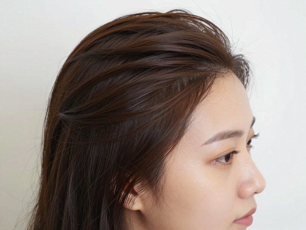Close-up of a half up half down wig showing the natural-looking hairline and volume at the crown