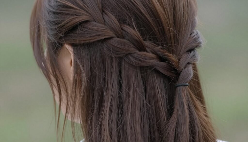 Close-up of a waterfall braid showing the cascading effect with strands flowing through the braid Close-up of a waterfall braid showing the cascading effect with strands flowing through the braid