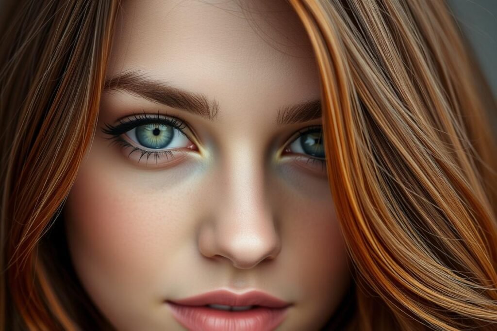 Close-up of a woman with green eyes and auburn brown hair showing how the hair color makes her eye color pop