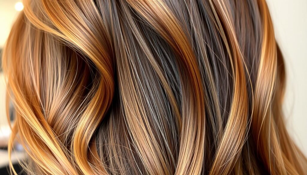 Close-up of brunette hair with caramel and honey highlights showing the warm dimension