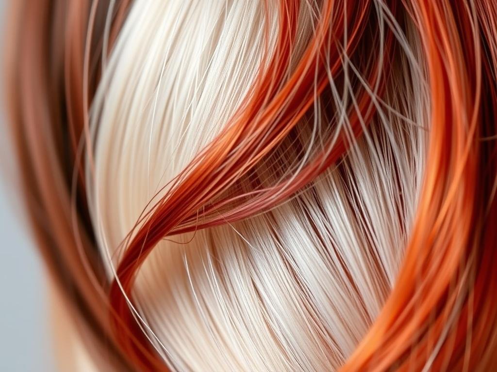 Close-up of calico hair color showing the distinct sections of brunette, red, and blonde Close-up of calico hair color showing the distinct sections of brunette, red, and blonde